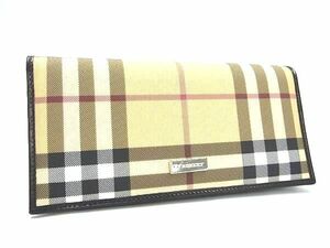 1円■美品■ BURBERRY バーバリー ノバチェック PVC×レザー 二つ折り 長財布 ウォレット 小銭入れ 札入れ ベージュ系×ブラック系 FH2701