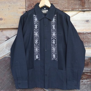 サイズ42 Estrella Standard L/S GUAYABERA REJILLADA 長袖キューバシャツ 黒白 メキシコ 民族シャツ