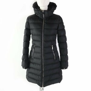 美品☆MONCLER モンクレール OROPHIN レザー使い ロゴワッペン・フード付 ZIP UP ダウンコート ブラック 0 ハンガー付き レディース