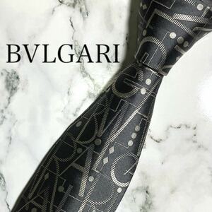 極美品　BVLGARI ブルガリ　ネクタイ　ロゴグラム　セッテピエゲ　グレー　シルバー　灰色　銀　イタリア　シルク　光沢 ジャガード スーツ