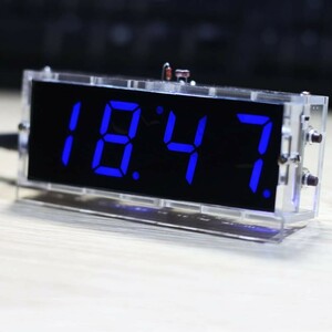 LED時計 DIYデジタルLED時計キット 4桁 LEDクロックキット コントロール温度日付時間表示機能 透明ケース付き (青)