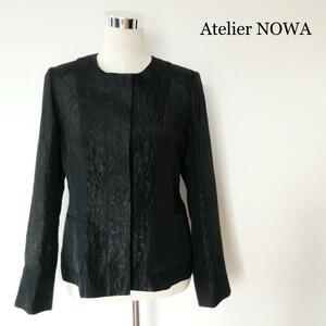 未使用 Atelier NOWA アトリエノワ 高級 サイズ9 Ｍ 定価48000円 透け感 総柄 長袖 シルク混 ノーカラージャケット ジャケット 黒 ブラック