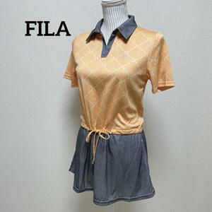 フィラ　FILA　テニスウェア　ワンピース　リボン　ロゴ生地　ポケット　Sサイズ　半袖ワンピース　オレンジ×ダークグレー　襟