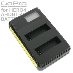 GoPro HERO4用 USB デュアルチャージャー バッテリー充電器 互換 AHDBT-401 充電池 ディスプレイ内蔵