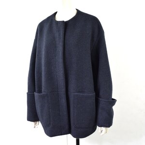 0394-24W0345★ballsey ボールジー★2021 美品 冬 ウールパイルミルド ダブルカフスショートコート 36 ネイビー紺 ノーカラー