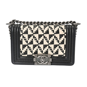 CHANEL シャネル ボーイシャネル チェーンショルダー 20cm 黒/白 シルバー金具 レディース カーフ ショルダーバッグ ABランク 中古 銀蔵