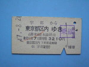切符 鉄道切符 国鉄 硬券 乗車券 宇部 → 東京 47-8-2? 宇部駅 発行 裏面に「特寝座」(291)