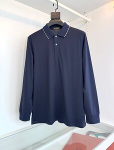 Loro Piana　ロロピアーナ メンズ長袖ポロシャツ Tシャツ トップス カットソー ネイビー XLサイズ 無地 紳士服 秋物 SUPIMA綿