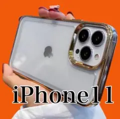 iPhone11 ケースゴールドクリアハード透明スマホケース韓国無地シンプルD7