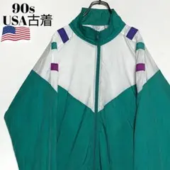 90sヴィンテージUSA古着 ナイロンジャケット 緑✕白✕紫 XL ブルゾン