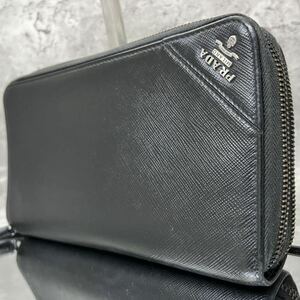 【極美品／ダブルジップ】 PRADA プラダ メンズ ビジネス 長財布 オーガナイザー ラウンドファスナー 銀ロゴ 三角口ゴ レザー ブラック 黒