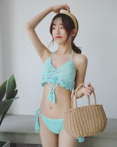 透かし編み ニット ビキニ水着 上下セット 水着 ビキニ スイムウェア レディース 紐 三角ビキニ セパレート ホルターネック ノ