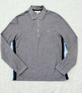 ラコステ*サイドストライプ*ジップネック*長袖ポロシャツ*グレー*RegularFit*メンズL*ハーフジップ*LACOSTE