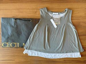 ★新品CECIL McBEE セシルマクビー★アクセサリーターコイズ ネックレス付★ノースリーブ カットソー 緑カーキグリーン　モスグリーン★