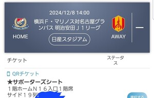 【最終節】横浜Ｆマリノス−名古屋グランパス／サポーターズシート／12/8／14:00〜／日産スタジアム／19列で前は通路で足元広々／通路側席