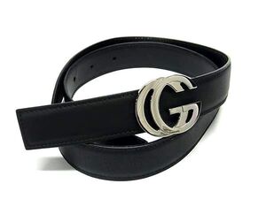 1円 ■美品■ GUCCI グッチ レザー GGマーモント バックル シルバー金具 ベルト 表記サイズ70 28 レディース ブラック系 FK0094