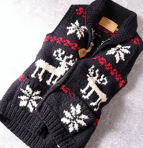 CANADIAN SWEATER カナディアンセーター ジップアップ カウチン ニット ベスト 2wayジップ ウール100% カナダ製 トナカイ柄 (32) 黒 o-825