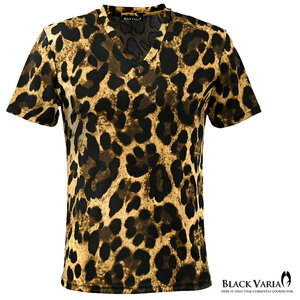 9#183704-br BLACK VARIA ヒョウ柄 豹 レオパード メンズ ストレッチ 半袖 Vネック Tシャツ(ブラウン茶ブラック黒) L ダンス 舞台 ショー