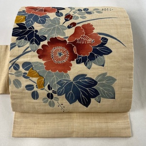 名古屋帯 美品 名品 夏帯 草花 ベージュ 麻 【中古】