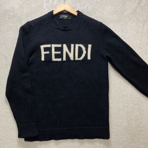 【美品・現行】 FENDI フェンディ メンズ ニット セーター クルーネック ウール ジャガードロゴロゴ ブラック 46 Mサイズ