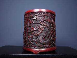 『館蔵珍品 漆器漆彫 剔紅 龍紋 筆筒』置物 賞物 貴重物品 収蔵品 中国古美術