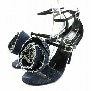 ロジェヴィヴィエ ROGER VIVIER サンダル デニム レザー 花 フラワー ストラップ ハイヒール ピンヒール 35.5 22.5cm 紺 ネイビー 黒