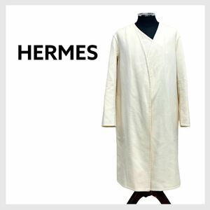 高級 HERMES エルメス カシミヤ100% ダブルフェイス ノーカラーコート レディース