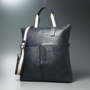 TH5639◎COACH コーチ F71722 フォルドオーバー 2WAY ショルダーストラップ付 A4対応 トートバッグ 鞄 FOLDOVER TOTE IN SMOOTH LEATHER 紺