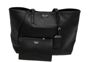 E-0043【PRADA】プラダ オールレザー トートバッグ ポーチ付き ブラック a2381