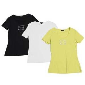 MG9319＝3点セット*エスカーダ/ESCADA*コットン*ストレッチ*ロゴ*ラインストーン装飾*半袖Tシャツ*カットソー*size32/XS*黒/白/グリーン系