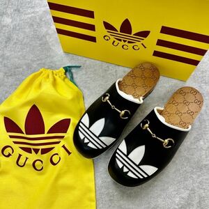 11サイズ 新品未使用 GUCCI adidas グッチ アディダス クロッグ サンダル ミュール コラボ レザー サボ ブラック 黒 トレフォイル 正規品