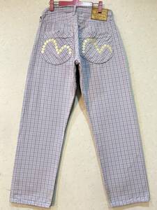 ※EVISU FAIRWAY GENES エヴィス エビス LOT 2001F ドットカモメ刺繍 チェック デニムパンツ 薄いグレー 日本製 34 BJBC.A