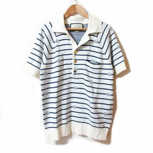 美品 20-21AW GUCCI グッチ DOUBLE G STRIPE POLO GGロゴ 金ボタン ニット ポロシャツ オーバーサイズ XS ホワイト×ネイビー ◆