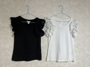 新品 H&M 袖フリルトップス XS ホワイトブラック セット / エイチアンドエム 白 シンプル