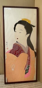 ★美人画【浮世絵 江戸中期女性 作者不明 玉結び 美しい御髪 藤の花柄 白肌 涼やかな目元 通った鼻筋 品のある微笑み ご趣味の方へ】N04012