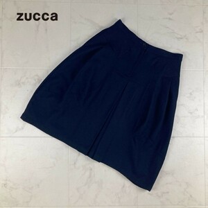 美品 ZUCCa ズッカ ウール混 タックフレアスカート バックジップ 膝丈 裏地あり 紺 ネイビー サイズS*IC991