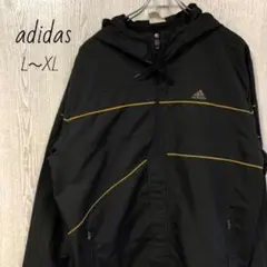 adidas　ナイロンジャケット　プリントロゴ　3本ライン　黒　ジャージ　XL