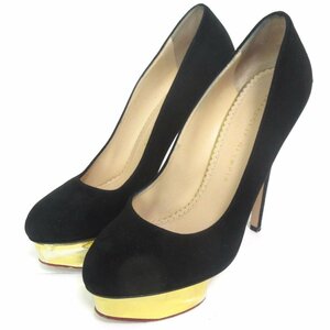 良品 Charlotte Olympia シャーロットオリンピア スエードレザー ポインテッドトゥ ハイヒール パンプス 38 24.5cm相当 ブラック×ゴールド