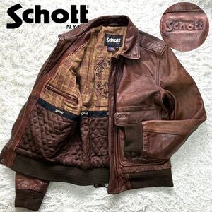 1円【激レア L 刻印】Schott ショット フライトジャケット A-2 G-1 レザージャケット USA製 レザー 本革 ボマー 刺繍 イーグル ブラウン 茶