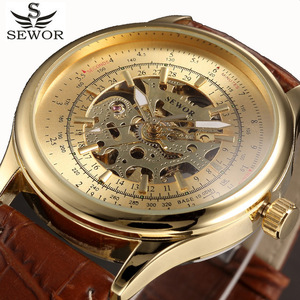 自動機械式腕時計 メンズ SEWOR トップブランドゴールドレザー メンズ腕時計スケルトンウォッチレロジオマスクリノ腕時計