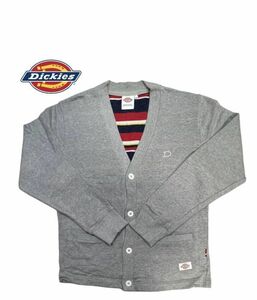 ★レア★ Dickies カーディガン スウェット地 赤ステッチ ピスネーム 刺繍ロゴ 裏地マルチカラー Lサイズ グレー ユニセックス USED 0675-