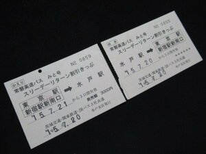 ■JRバス関東 常磐高速バス みと号 スリーデーリターン割引きっぷ 水戸支店 番号違い往復セット H15年