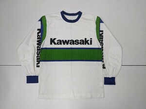 5. 90s00s Kawasaki カワサキ デカロゴ プリント ラインデザイン メッシュ地 ヴィンテージ レーシング シャツ メンズML相当 白青緑x205