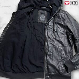 美品/Mサイズ●ディーゼル DIESEL ラムレザー パーカー ジャケット ブルゾン ダブルジップ ブレイブマン メンズ フード 羊革 ブラック 黒