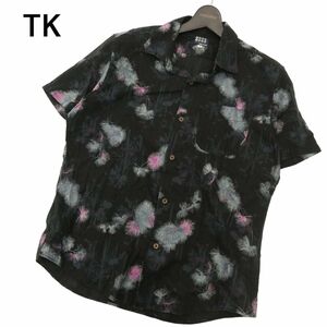 TK タケオキクチ 春夏 半袖 和柄 花柄 総柄★ アロハ シャツ Sz.4　メンズ 黒 日本製　C4T06184_6#A