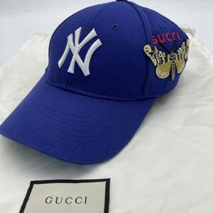 【極美品・最高峰】 GUCCI グッチ MLBコラボ ミケーレ アップリケ ワッペン ヤンキース ベースボール キャップ 帽子 ブルー 調節可能