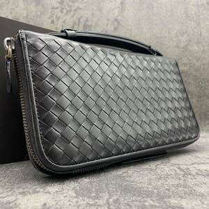 美品/ BOTTEGA VENETA ボッテガヴェネタ メンズ ビジネス 長財布 オーガナイザー ラウンドファスナー イントレチャート レザー ブラック