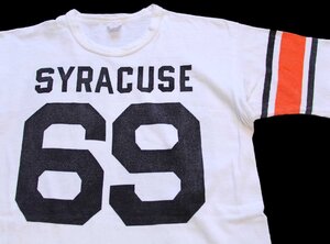 ★60s CHAMPIONチャンピオン ランタグ SYRACUSE 69 ナバリング 両面 オール染み込みプリント コットン フットボールTシャツ 白★ビンテージ