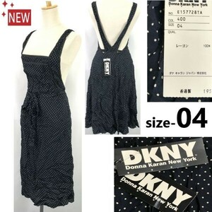 タグ付新古品★ダナキャラン/DKNY★シースルー/エプロンワンピース【4/レディースM-L程度/紺×白/navy blue×white/ドット】◆pBH856