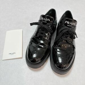 美品　PRADA プラダ　エナメルローファー　レースアップシューズ　ブラック　レザー　37 1/2 24cm